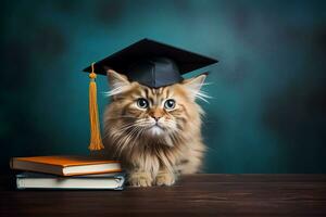 AI generated Ginger fluffy cat in graduate hat sitting at a table with books on blue background. AI generated. photo