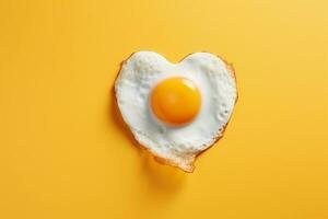 AI generated Fried egg in the shape of a heart on yellow background. Valentine's Day celebration. AI generated. photo