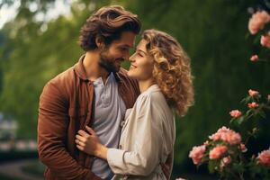 ai generado Pareja en amor abrazando en el parque, cerca arriba vista. ai generado. foto