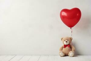 AI generated Teddy bear and a heart shaped balloon on light background with copy space. AI generated. photo