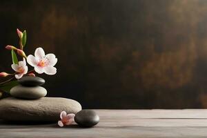 AI generated Spa brown background with massage stones, exotic flower and copy space. AI generated. photo