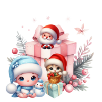 AI generated christmas cartoon santa claus and his friends with presents png
