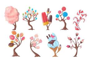 Cartoon Color Fantasy Candy Trees Set. Vector