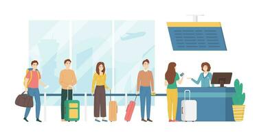 Cartoon Color Characters People and Airport Check in Desk Concept. Vector