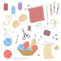 Cartoon Color Knitting Threads and Elements Icon Set. Vector