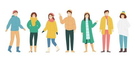 Cartoon Color Characters People Man and Woman in Winter Clothes Concept. Vector