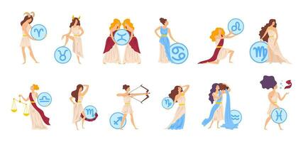 Cartoon Color Characters People and Zodiac Signs Set Concept. Vector