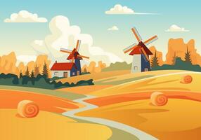 Cartoon Color Hay Rural Landscape Scene Concept. Vector