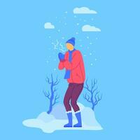 Cartoon Character Man and Cold Weather Concept. Vector