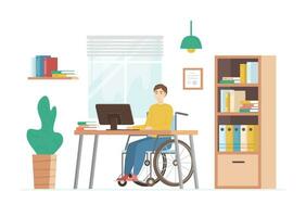 Cartoon Color Character Disabled Person Working on Computer Desk Concept. Vector
