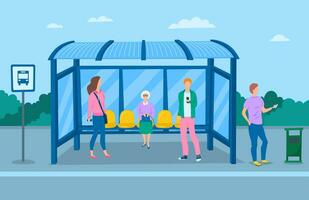 Cartoon Color Characters People on a Bus Station Concept. Vector