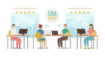 Cartoon Color Characters People and Call Center Team Concept. Vector