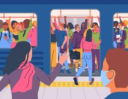 Cartoon Color Characters People and Crowded Subway Train Concept. Vector