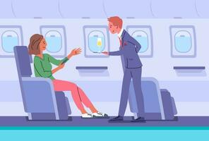 Cartoon Color Characters People and Airplane First Class Concept. Vector