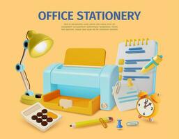 3d Office Stationery Placard Poster Banner Card Template Cartoon Style. Vector