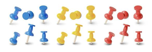 3d Different Color Push Pins Set Different Angles Cartoon Style. Vector