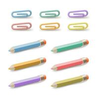 3d Different Color Pencil and Paper Clip Set Cartoon Style. Vector