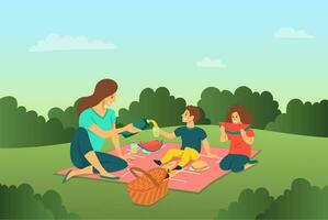 dibujos animados color caracteres personas familia teniendo picnic y paisaje escena concepto. vector