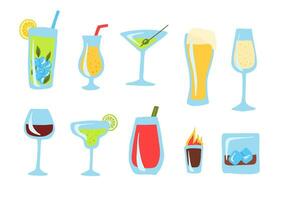 Cartoon Color Alcoholic Drinks Cocktails Icon Set. Vector