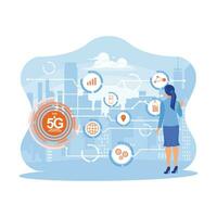Businesswomen are working in modern offices using business intelligence technology. Concept of future 5G wireless digital connection and social media network. vector