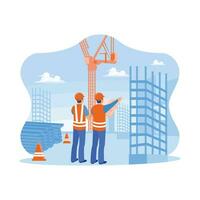 Civil architect engineer holding blueprint standing at the construction site. Inspect and work on building places of outdoor structures. Construction site engineer concept. vector