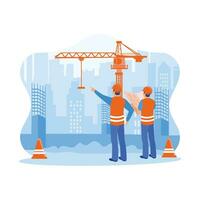 Civil engineer standing on a construction site near a crane. Holding construction plans and inspecting work at the construction site. Construction site engineer concept. vector