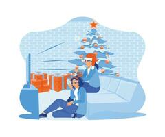 Two female friends sitting together near the Christmas tree. Spend Christmas Eve having fun and watching television together. Family sharing Christmas Eve concept. vector