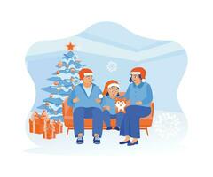 Happy little family with cute pet dog sitting together on the sofa. Celebrate Christmas Eve by having fun together at home. Christmas Eve concept. Trend Modern vector flat illustration