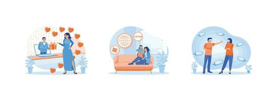 Virtual Relationships concept. Young couple having a virtual date. Mother and daughter watching a movie using a laptop. Young couple using virtual glasses. Set Trend Modern vector flat illustration