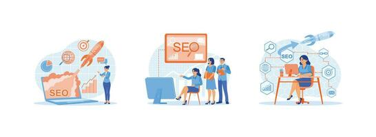 SEO concept. Startup project, successful business. Marketing team meeting in office. We are optimizing SEO Search Engine Optimization. Set Trend Modern vector flat illustration