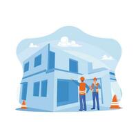 Civil engineers and supervisors are on a commercial building construction site. Engineer using the laptop to check building design. Experts inspect retail building construction site concepts. vector