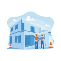 Civil engineers and supervisors are on a commercial building construction site. Engineer using the laptop to check building design. Experts inspect retail building construction site concepts. vector