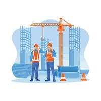 Structural engineers and architects wearing orange vests and safety helmets at a building construction site. Discuss the construction process over the phone and using a tablet at the building site. vector