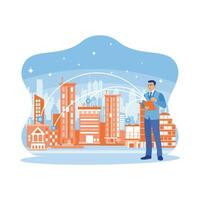 Business people use a digital tablet with a telecommunication network connected to a smart city. Concept of 5G wireless digital connection and future Internet. vector