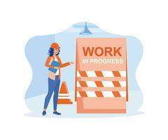 The worker is a woman wearing a safety helmet and has documents in hand. Stand near safety cones and work-in-progress signs. 404 error page concept. trend modern flat vector illustration