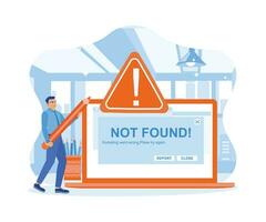 hombres trabajo utilizando laptops en el oficina. no encontró 404 error fracaso advertencia problema concepto. 404 error página concepto. tendencia moderno plano vector ilustración