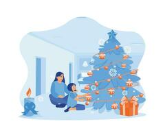 Young mother and daughter decorate the fir tree on Christmas Eve. I am putting gift boxes under the Christmas tree. Christmas Eve concept. Trend Modern vector flat illustration