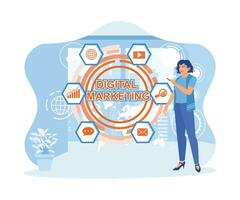 A businesswoman is standing in an office before a virtual screen. Digital marketing technology with advertising on social media. Digital Marketing Technology Targeted and interactive marketing vector