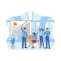 The manager and work team sit together in the meeting room. Celebrating success for good teamwork at the meeting table. Success and happiness teamwork concept. trend modern vector flat illustration