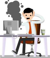 Frightened office worker shouts and holds his head looking at monitor. broken computer is Smoking. Virus and bug. problem with technique. Stress and man. Flat cartoon vector