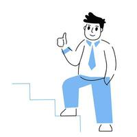 Man stands on stairs. Career concept. First step. Smiling Business character. Gesture of approval and greeting. Ground floor and level. Outline modern illustration vector