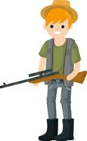 Man hunter with gun. Guy with rifle. Shooter and weapon. Cartoon flat illustration. Equipment for hunting animals vector