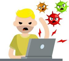 Man at laptop with virus. problem with computer. Online threat. Young angry guy. Account hacking. Cartoon flat illustration. Hacker attack vector
