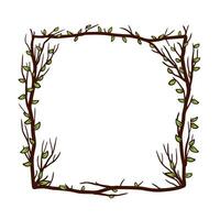 Tree frame, floral square border. Plant and twig decoration isolated on white background. Black outline silhouette. Decorative vintage scary element with leaf. Dark forest concept. vector