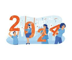 A group of happy people are celebrating a New Year's party together. Holding the number 2024, wearing a hat, and throwing confetti. Happy New Year 2024 concept. Trend Modern vector flat illustration