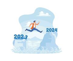 Entrepreneurs jump from the cliff of the past to the future. They are making business changes from 2023 to 2024. Happy New Year 2024 concept. Trend Modern vector flat illustration