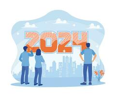 Business people standing in front of the number 2024. Looking at business opportunities and difficulties in the year ahead. Business in the New Year 2024 concept. Trend Modern vector flat illustration