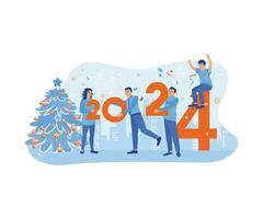 People holding numbers 2024 and celebrating New Year together with Christmas tree decorations and confetti. Happy New Year 2024 concept. Trend Modern vector flat illustration