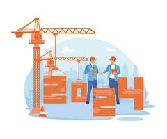 Two engineers are preparing for New Year's Eve and arranging the numbers 2024 using a crane. Happy New Year 2024 concept. Trend Modern vector flat illustration