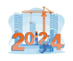 Construction workers are preparing to welcome the new year 2024. Businessman with laptop and documents on building site. Business in the New Year 2024 concept. Trend Modern vector flat illustration